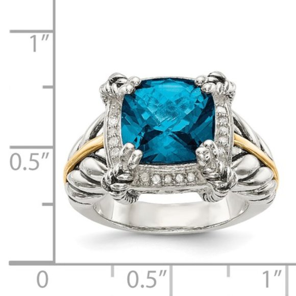 925 Sterling Silver with 14K Accent Antiqued London Blue Topaz and Diamond Ring - Picture 3 of 6
